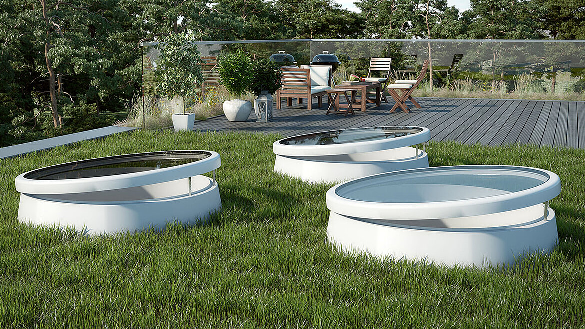 Genutzte Flachdächer – etwa durch Dachterrassen, Parkdecks oder Grünanlagen LAMILUX Flachdach Fenster F100 rund auf einer Dachterrasse | insights by LAMILUX